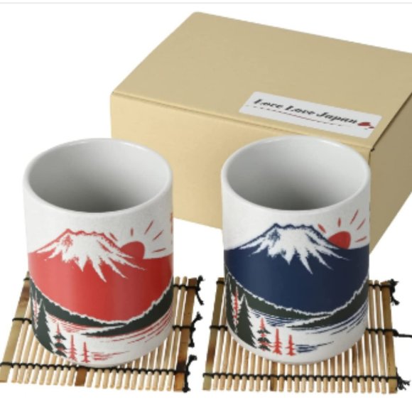 Love Love Japan Other - Japanese Teacups - Sushi-Yunomi w/ Bamboo Coasters (Set of 2 - Mt. Fuji)